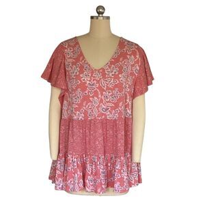 Cato Women's Floral V-Neck Ruffle Dress Pink Size L Knee Length Casual